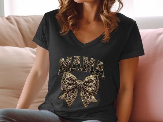 Black v-neck t-shirt with "MAMA" text and glittery leopard print bow.