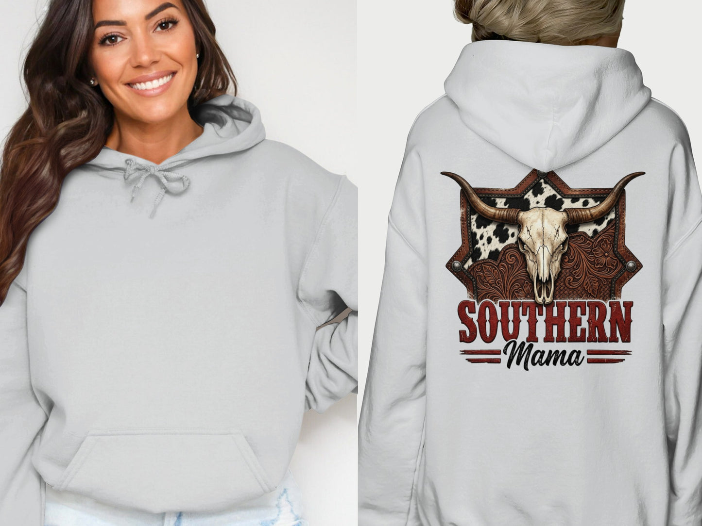 Light gray hoodie with "Southern Mama" and cowhide bull skull graphic on back.