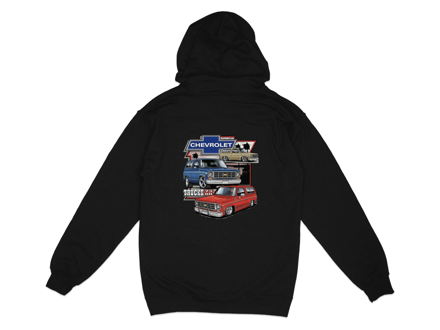 Black hoodie with Chevrolet trucks graphic: vintage blue and red Chevy pickups.