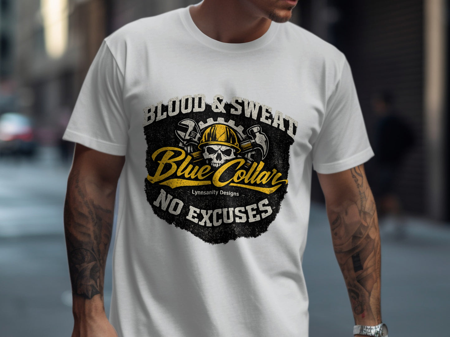White t-shirt with "Blood & Sweat No Excuses" skull and crossed tools graphic.