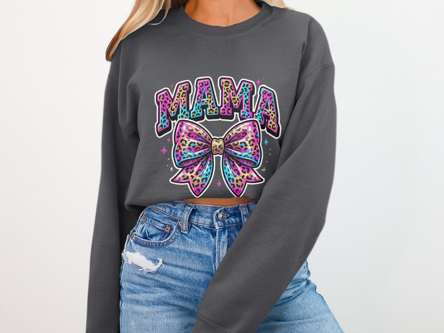 Dark grey sweatshirt with colorful leopard print bow and "MAMA" text.