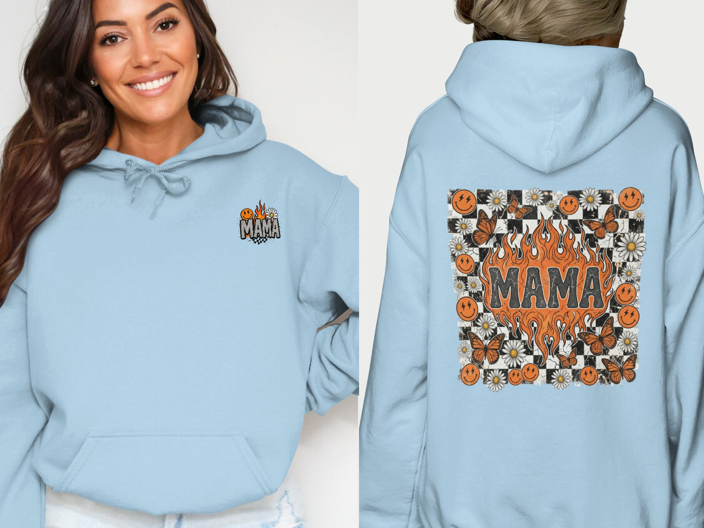 Light blue hoodie with "MAMA" in flames and butterflies on back.