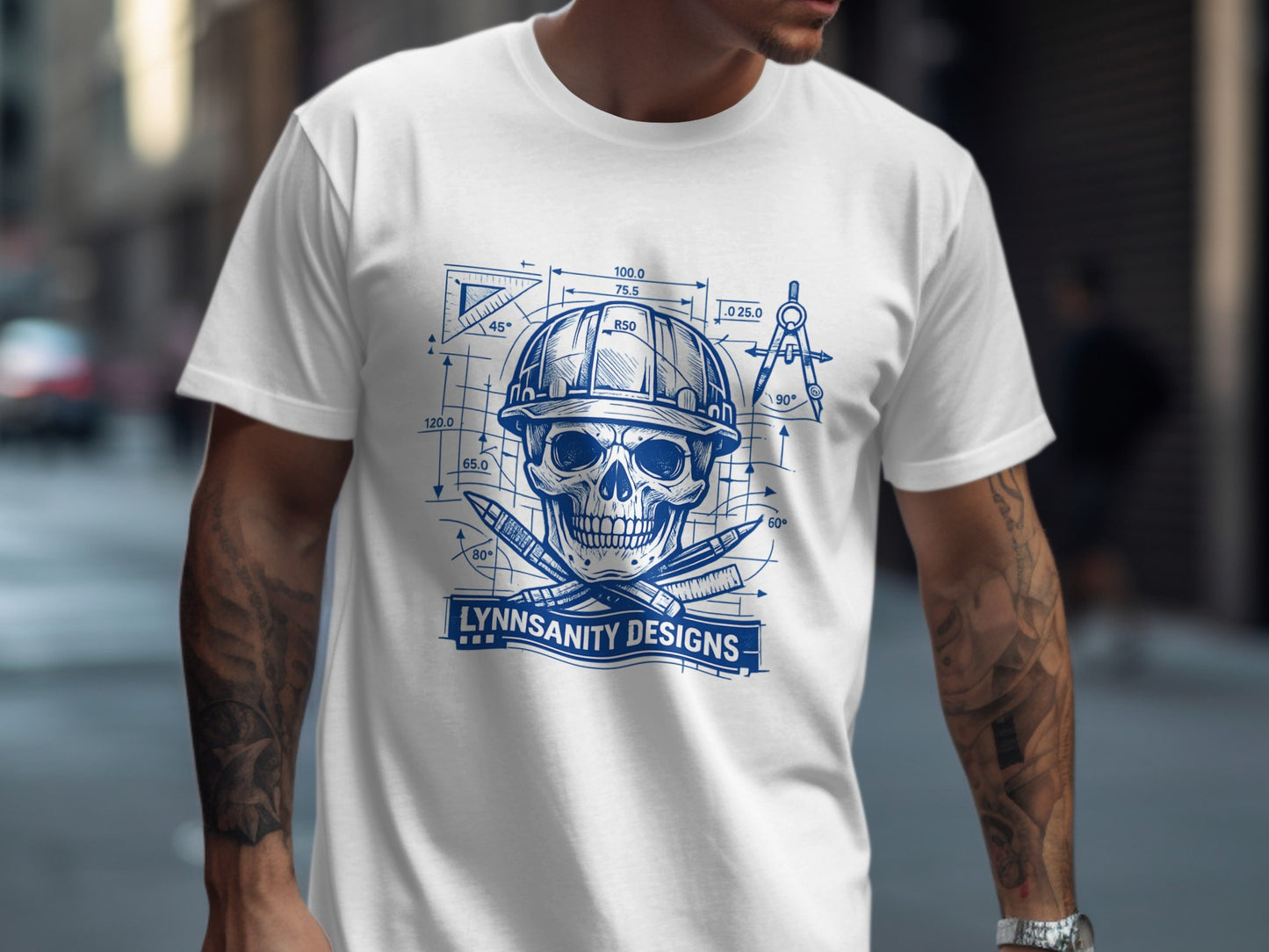 T-shirt with skull, bullets, and technical drawing elements featuring "Lynnsanity Designs" text.