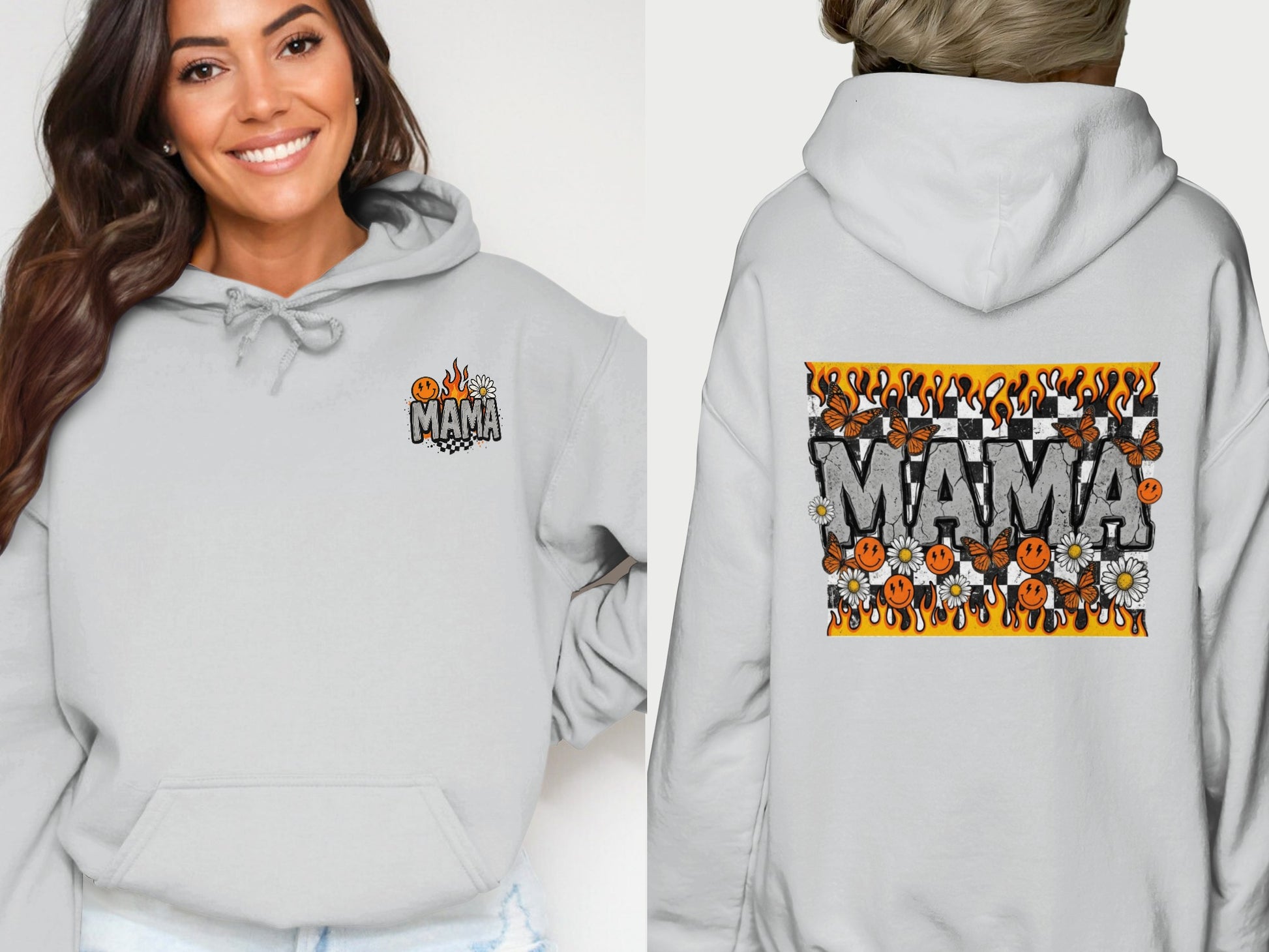 Gray hoodie with "MAMA" text and checkered flames, butterflies, and daisies.