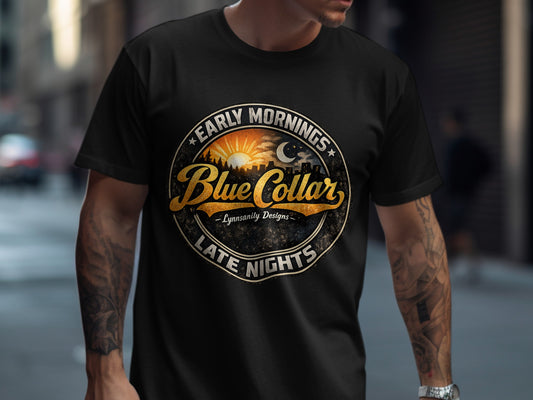 T-shirt with "Blue Collar Late Nights" logo featuring sun and moon imagery.