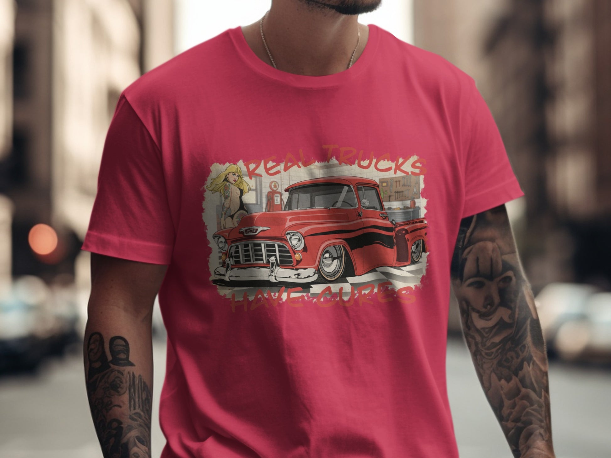 Red t-shirt with graphic of vintage red pickup truck and blonde woman.