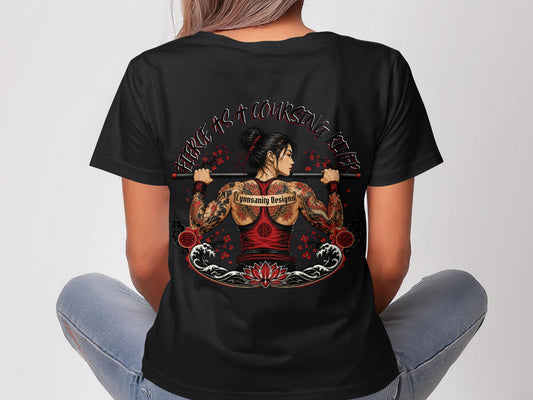 Woman in black t-shirt with back tattoo design and "Fierce as a Courting Killer" text.