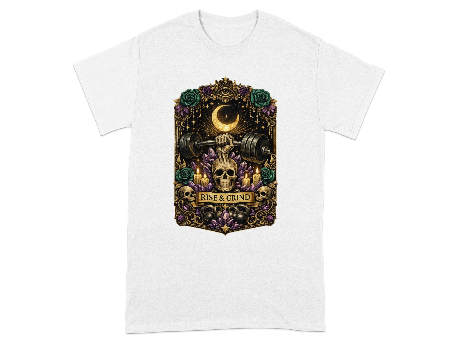 Skull lifting barbell surrounded by ornate decor and celestial elements.