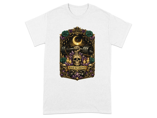Skull lifting barbell surrounded by ornate decor and celestial elements.