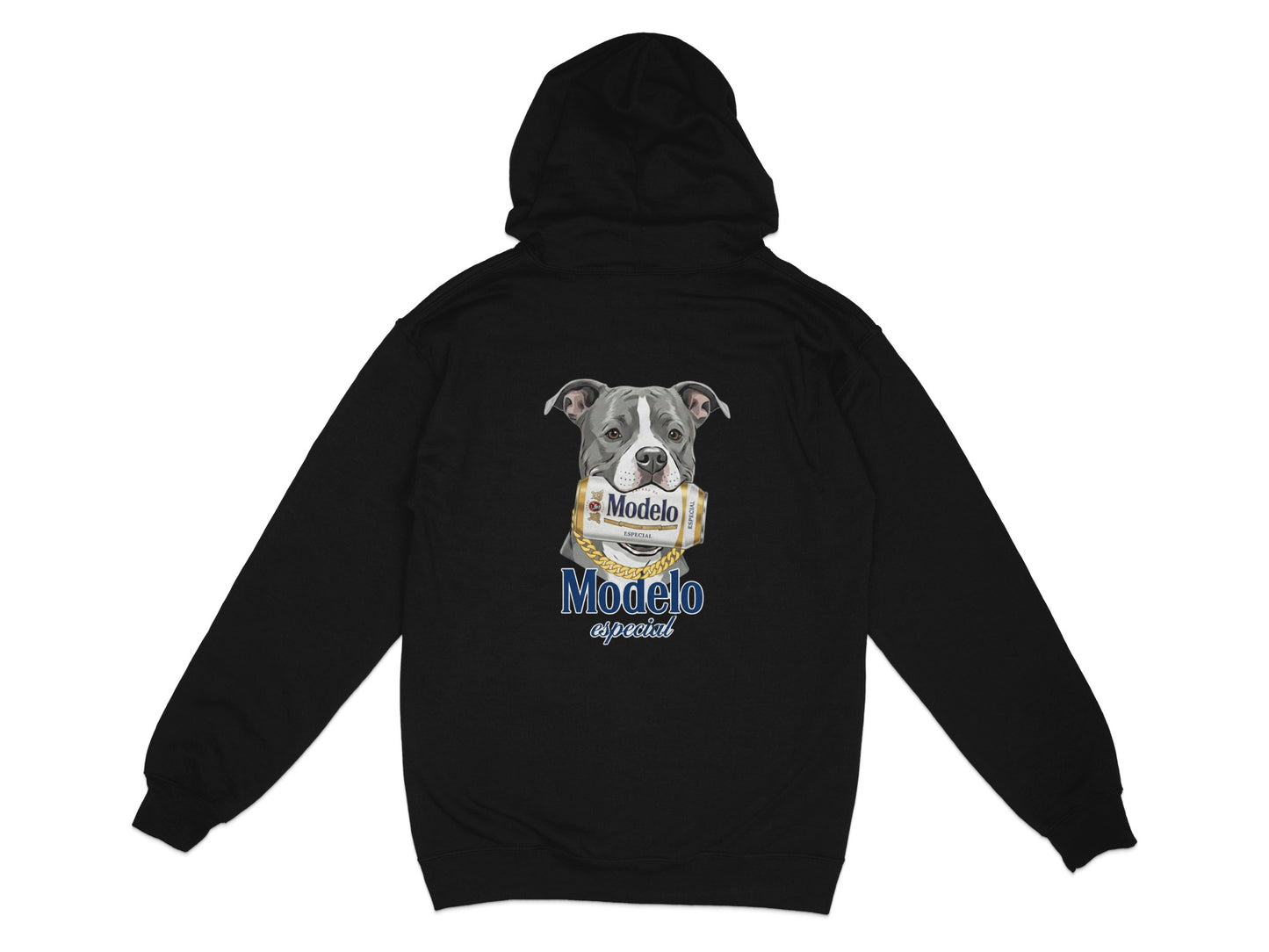 Black hoodie with a dog wearing a Modelo Especial can necklace.