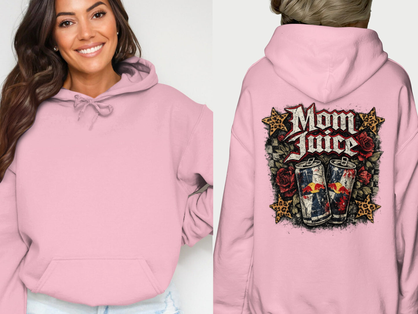 Pink hoodie with "Mom Juice" and two energy drink cans on back.