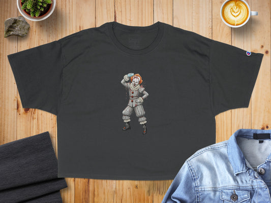 Dark gray t-shirt featuring Pennywise the clown in a vintage illustration style.