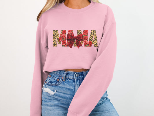 Pink sweatshirt with "MAMA" text featuring roses and leopard print.