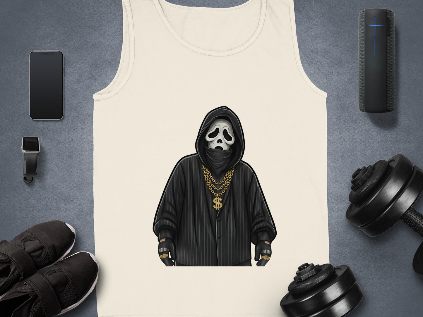 Ghostface mask character wearing hoodie and gold chain, placed flat lay.