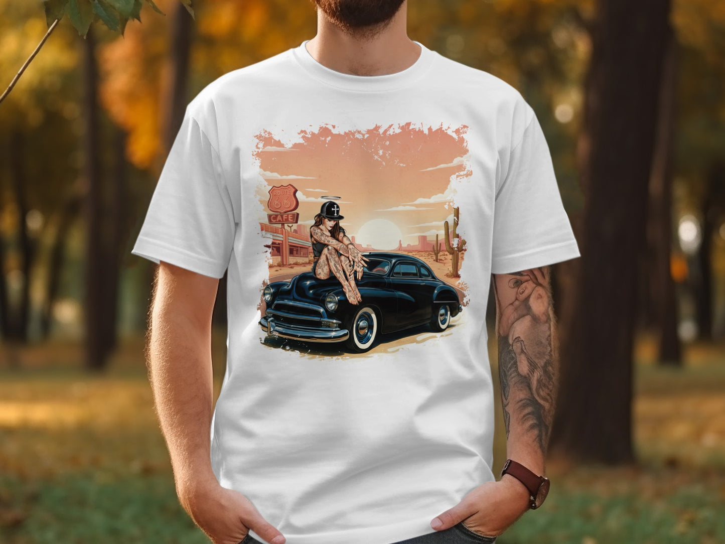T-shirt featuring a pin-up girl on a classic black car at a Route 66 cafe.