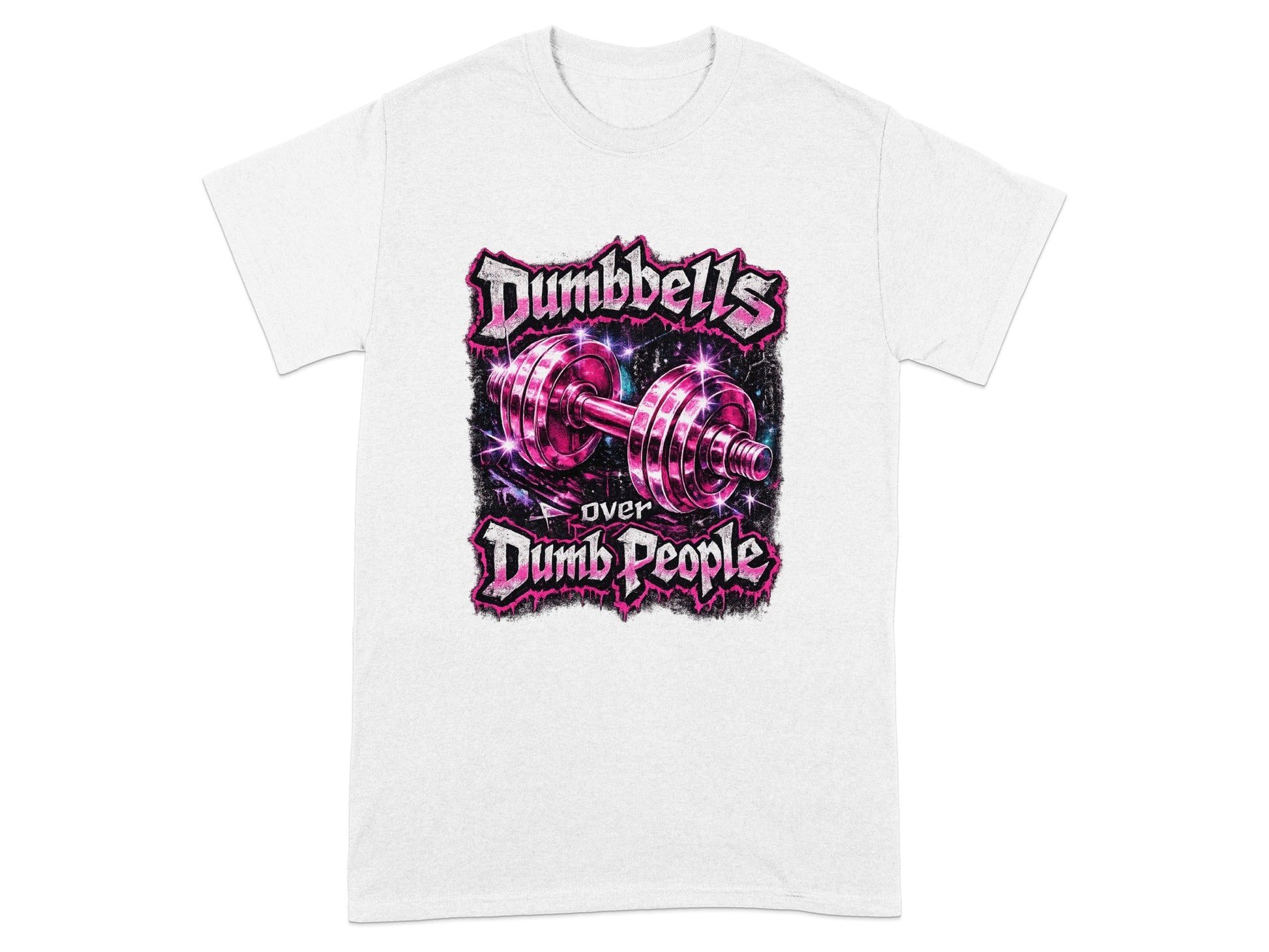 White t-shirt with "Dumbbells over Dumb People" text and metallic dumbbell graphic.
