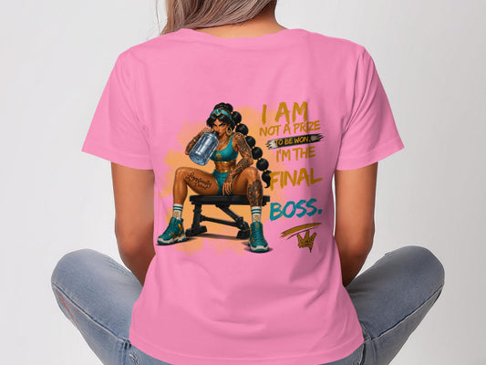 Tattooed woman in blue tank top and jeans sits with a water bottle, text reads "I AM NOT A PRIZE TO BE WON, I'M THE FINAL BOSS."