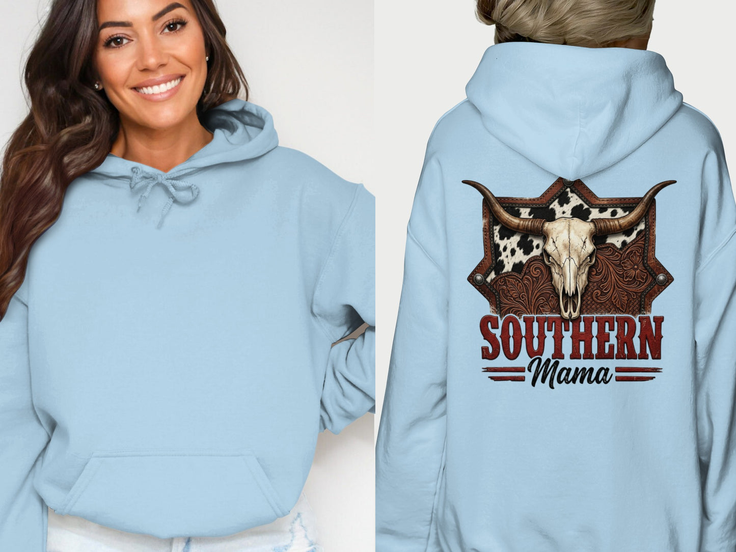 Light blue hoodie with "Southern Mama" text and steer skull graphic on back.