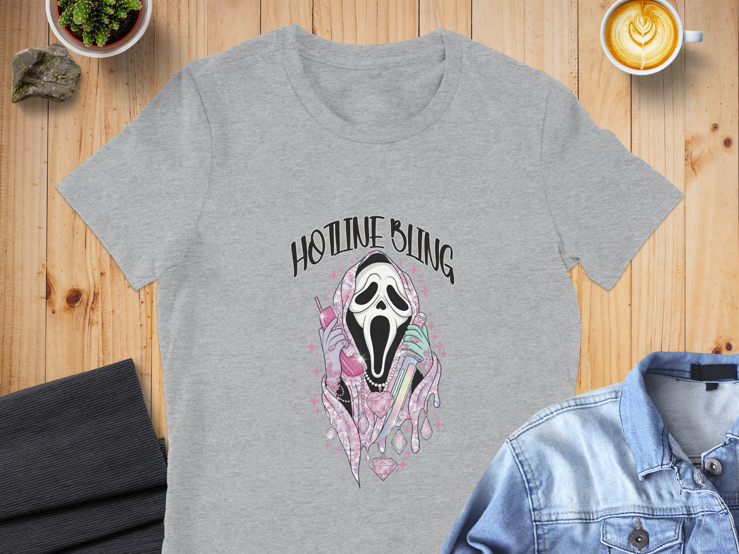 Grey t-shirt with "Hotline Bling" text and ghost design.
