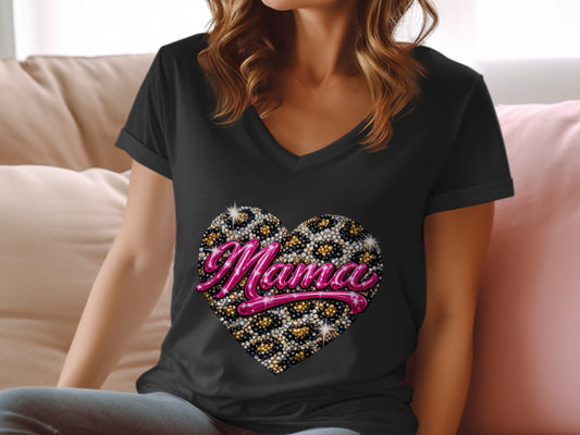 Black v-neck t-shirt with a glittery heart graphic that reads "Mama".
