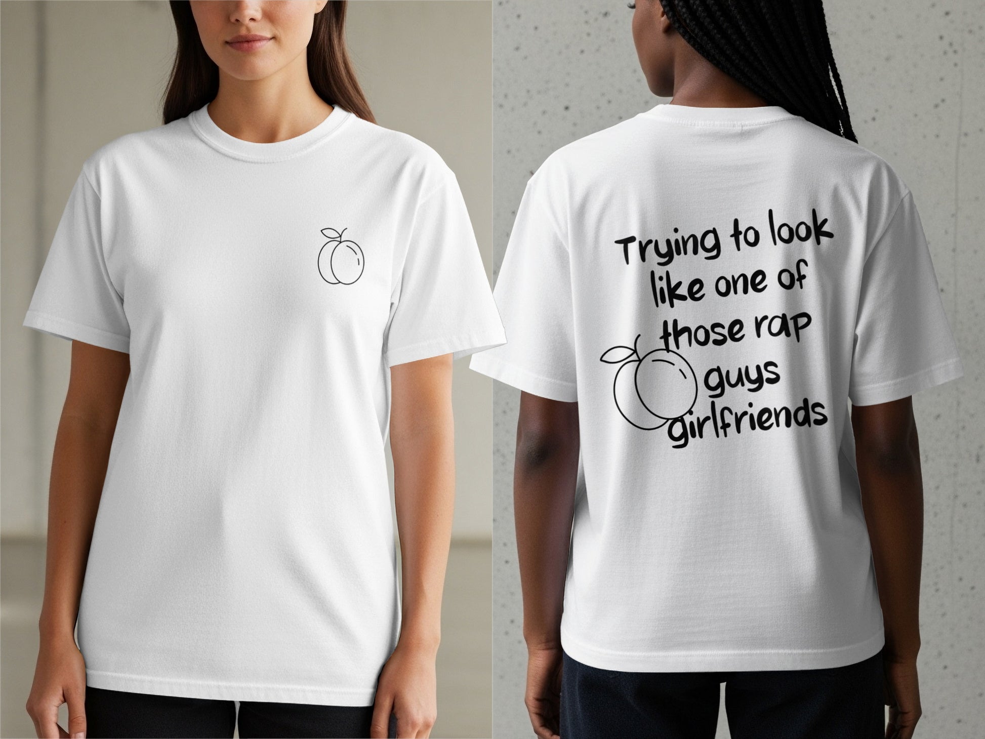 White t-shirt with peach logo on front and rap lyric text on back.