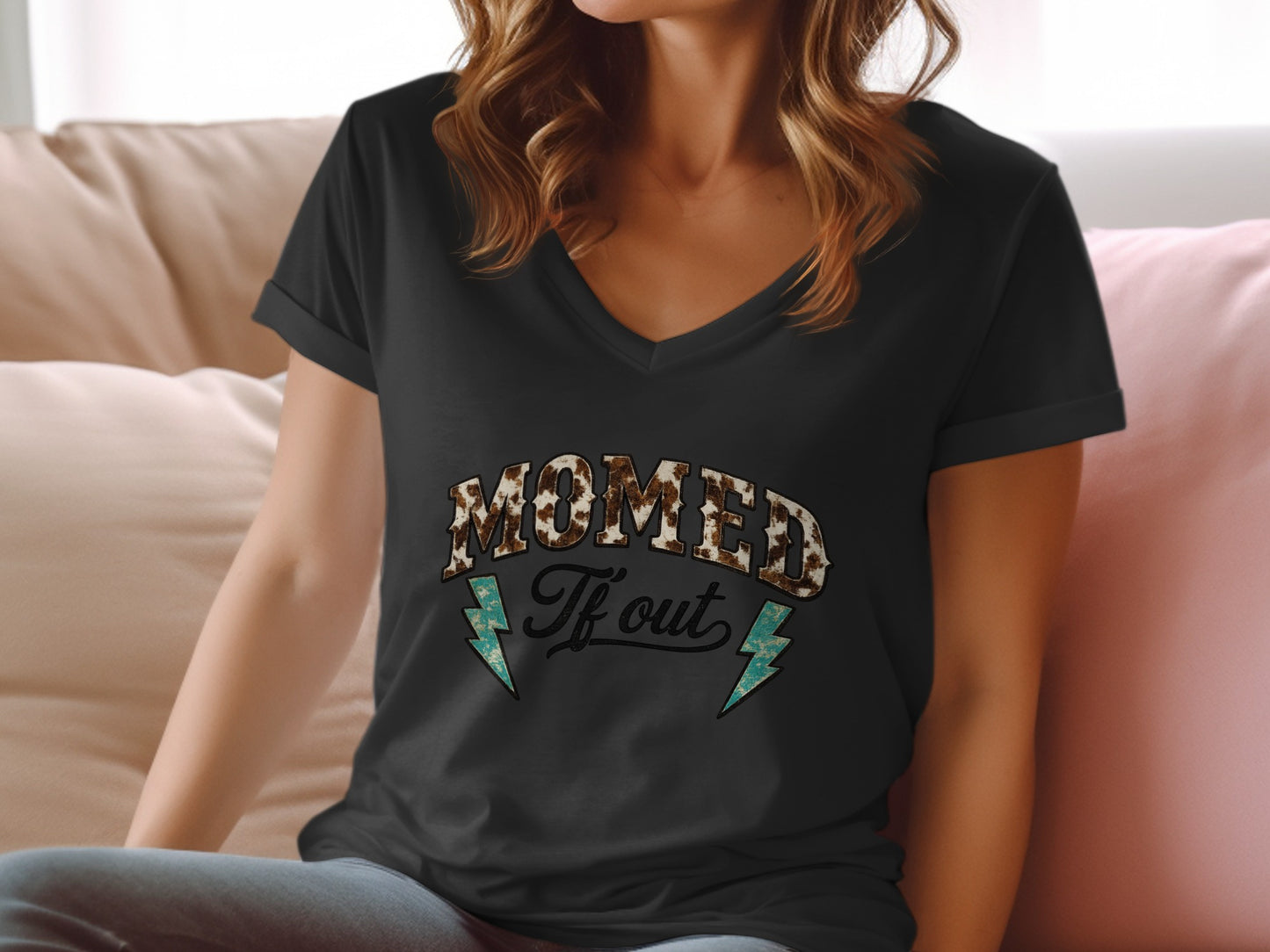 Black v-neck t-shirt with "Mommed TF Out" leopard print and lightning bolt graphic.