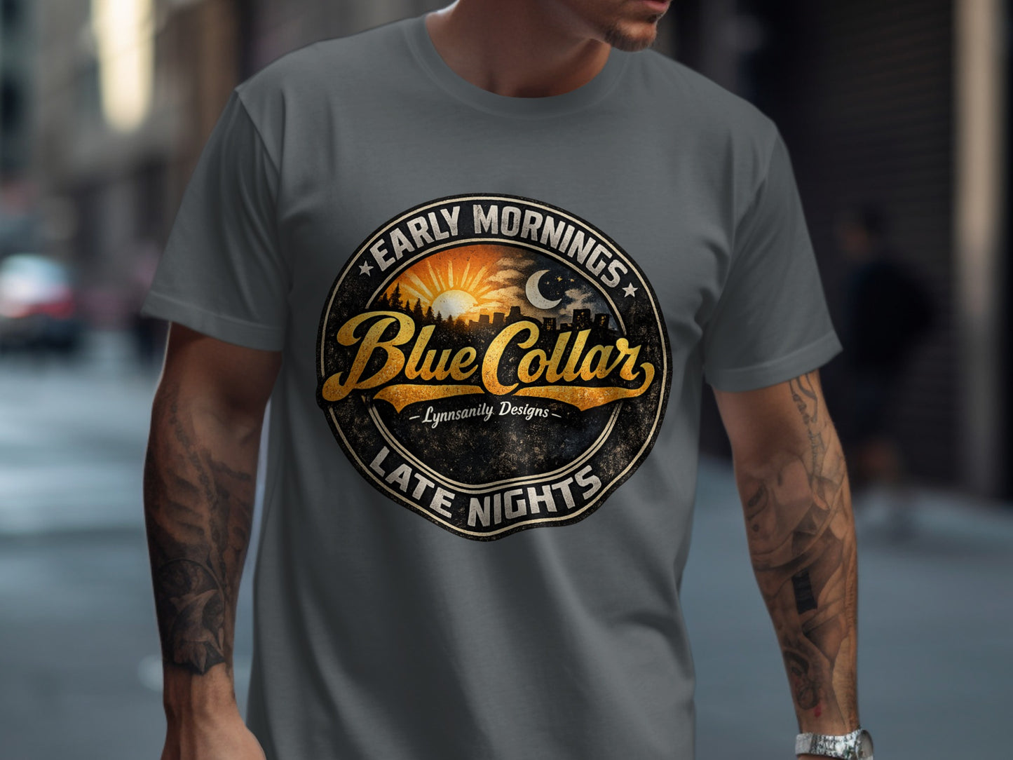 Circular logo with "Early Mornings Late Nights" and "Blue Collar" on a t-shirt.
