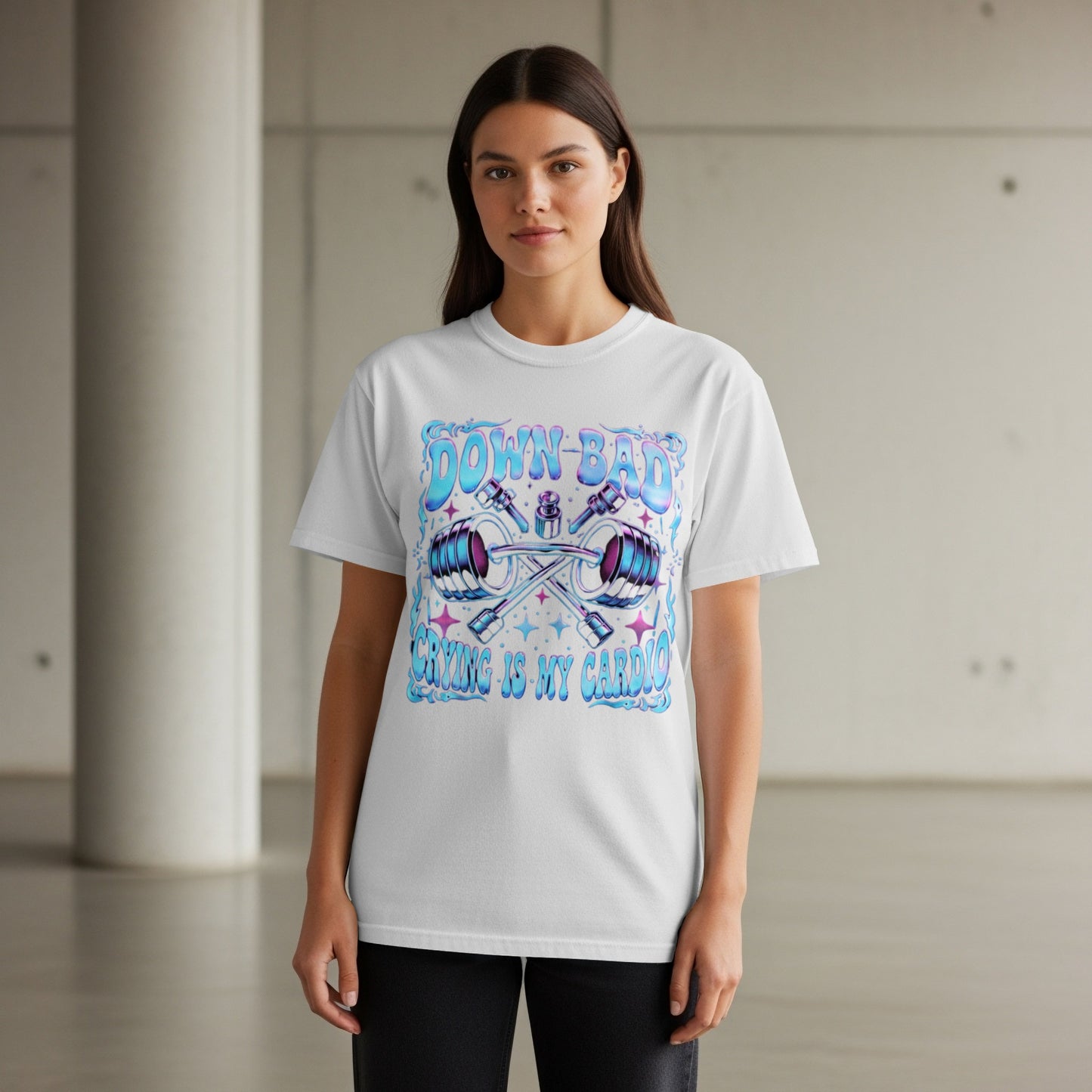 White t-shirt with "Down Bad" and barbells graphic.