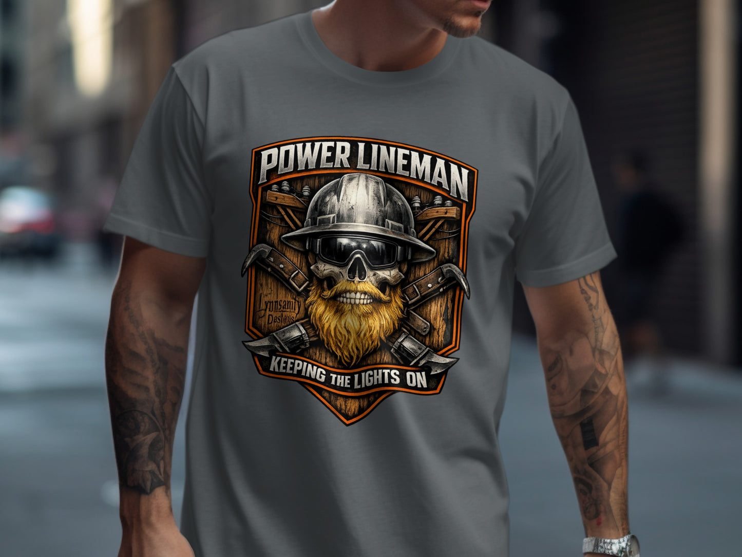 Power lineman skull graphic with tools and text.