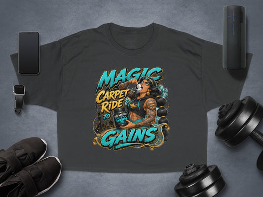 Dark grey t-shirt with "Magic Carpet Ride to Gains" text and a woman drinking pre-workout.
