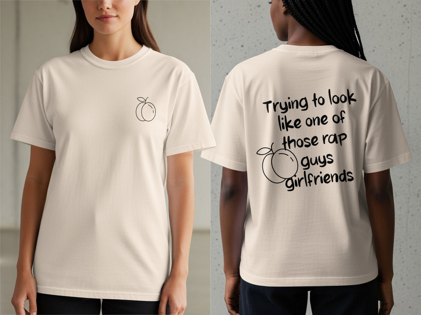 Light t-shirt with peach graphic on front, text on back.