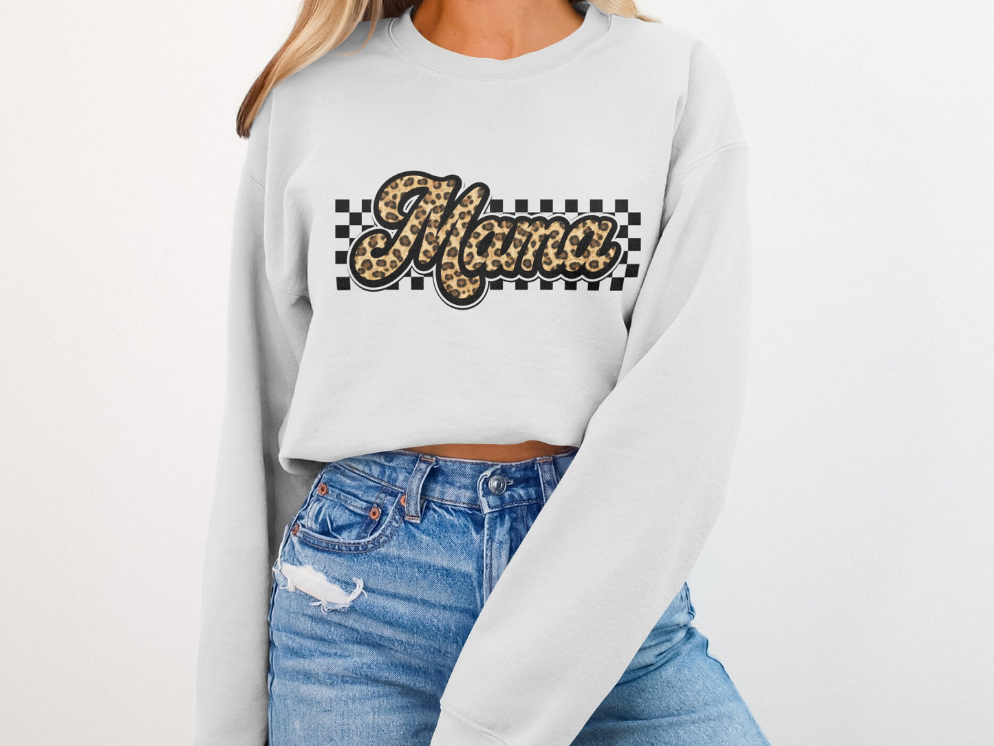 Crewneck sweatshirt with "Mama" in leopard print and checkered border.