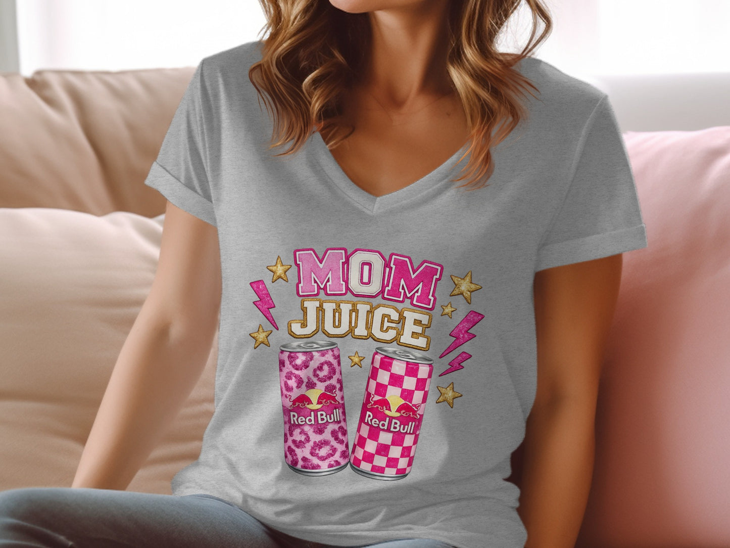 Gray v-neck t-shirt with "Mom Juice" and two Red Bull cans.
