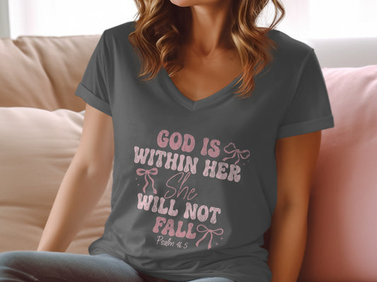 Dark gray V-neck t-shirt with pink text and bows, "God is within her She will not fall" Psalm 46:5.