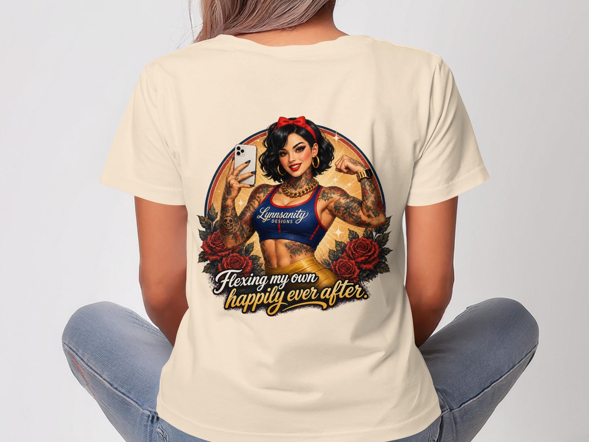 Woman flexing bicep with "Happily Ever After" text and roses on t-shirt.