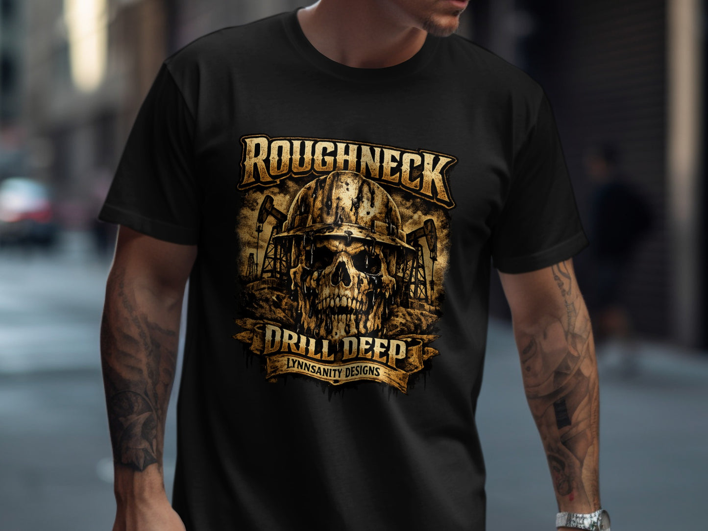 Skull wearing hard hat with "ROUGHNECK DRILL DEEP" text.