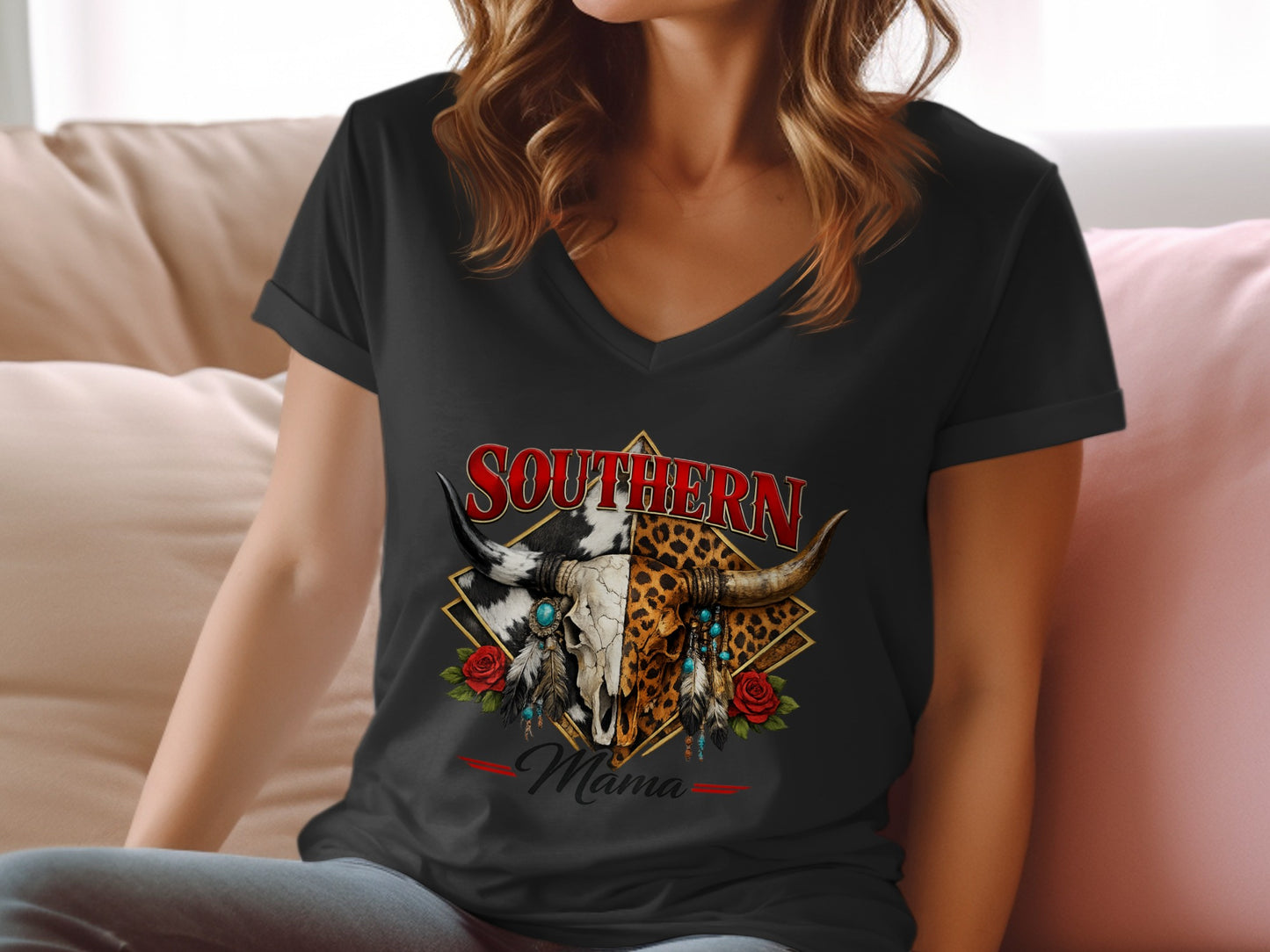 Black v-neck t-shirt with Southern Mama bull skull graphic.
