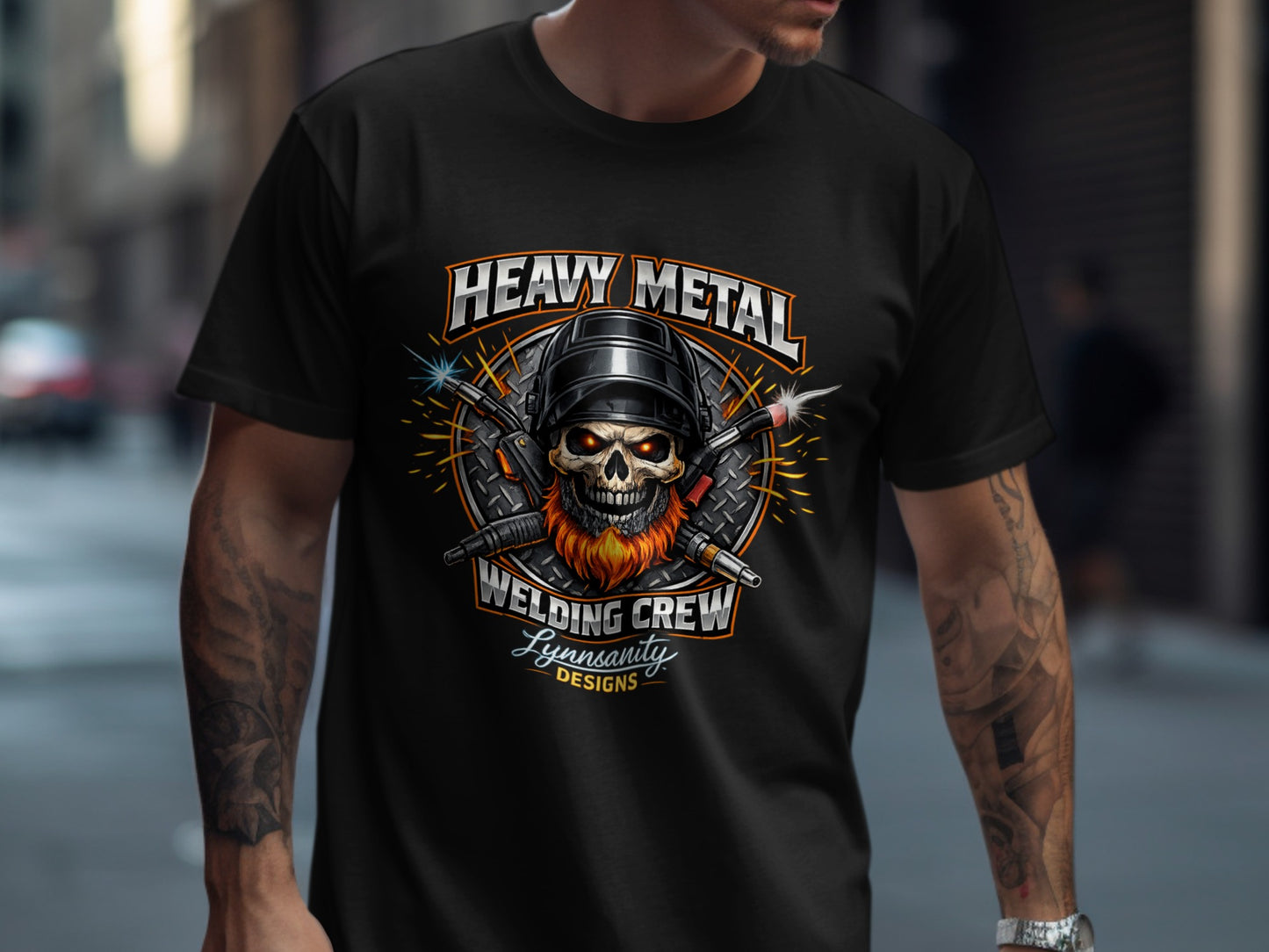 T-shirt with skull wearing welding helmet, crossed torches, "Heavy Metal Welding Crew" text.