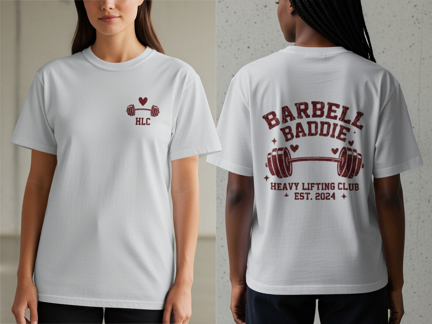 White t-shirt with barbell heart logo on front, "BARBELL BADDIE" graphic on back.