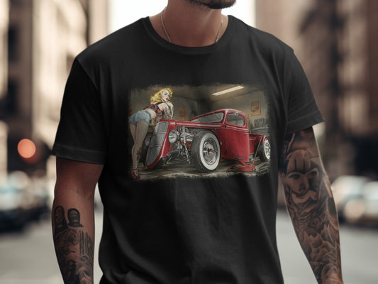 Red hot rod truck with blonde woman leaning on it in garage.