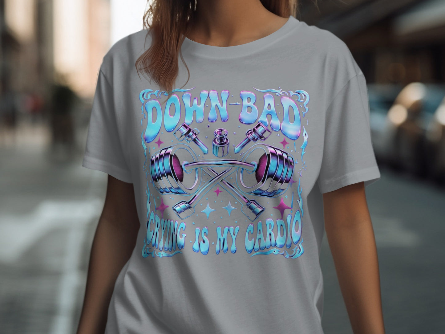 Gray t-shirt with "DOWN BAD" and "CARVING IS MY CARDIO" text and barbell graphic.