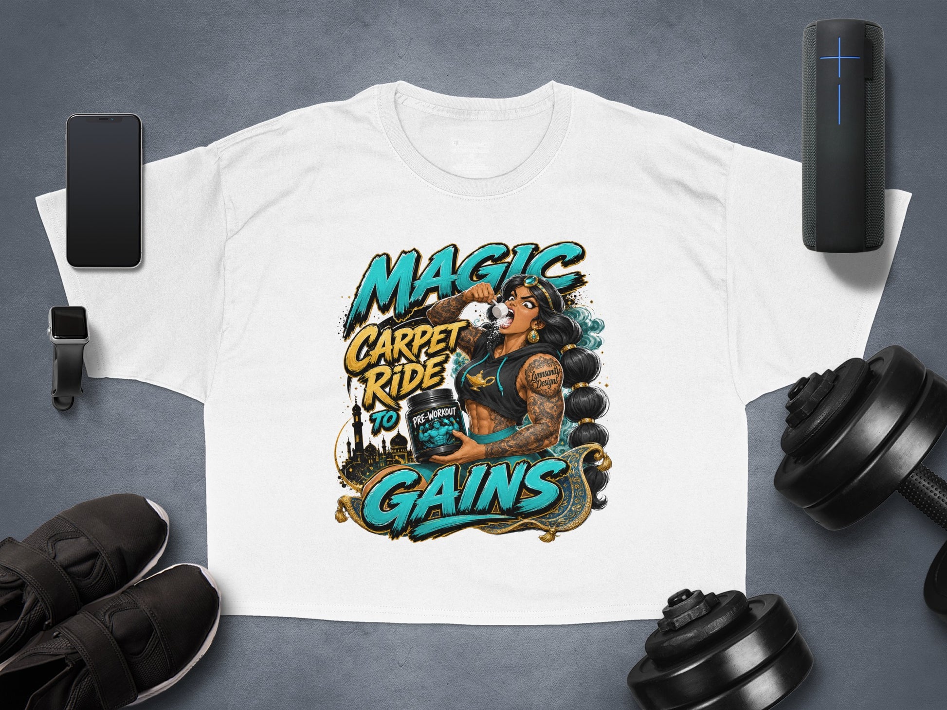 White t-shirt with "Magic Carpet Ride to Gains" text and a woman drinking pre-workout.