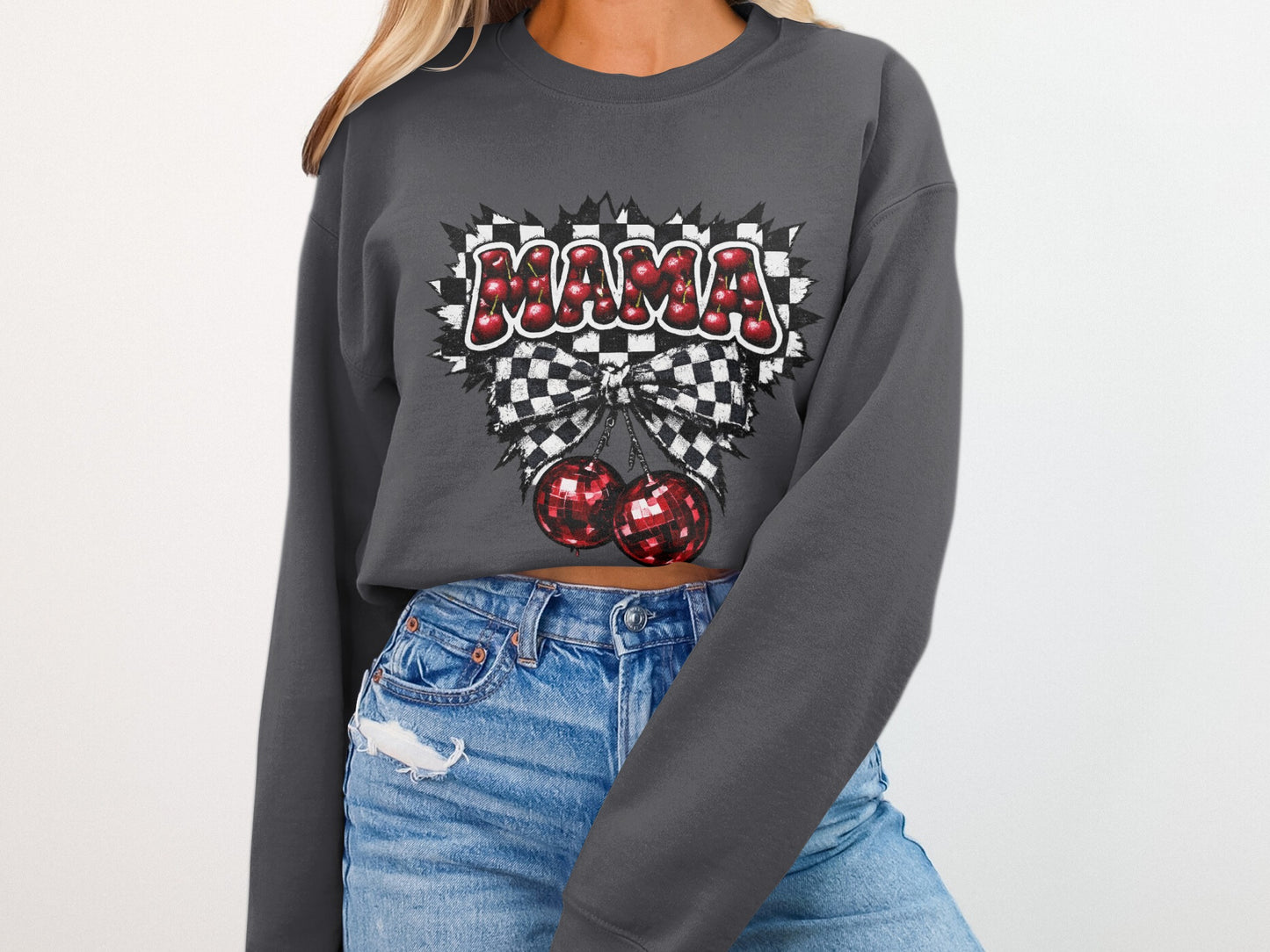 Dark gray cropped sweatshirt with "MAMA" text and red cherry graphic.