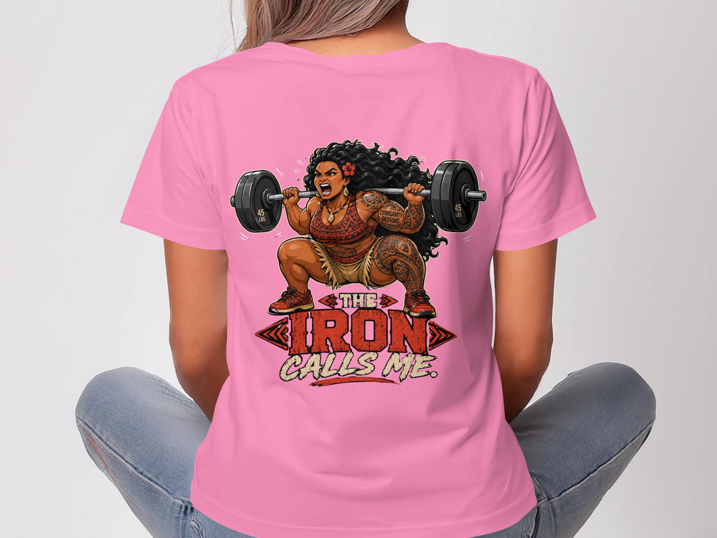 Woman in pink shirt lifting weights, text "The Iron Calls Me".