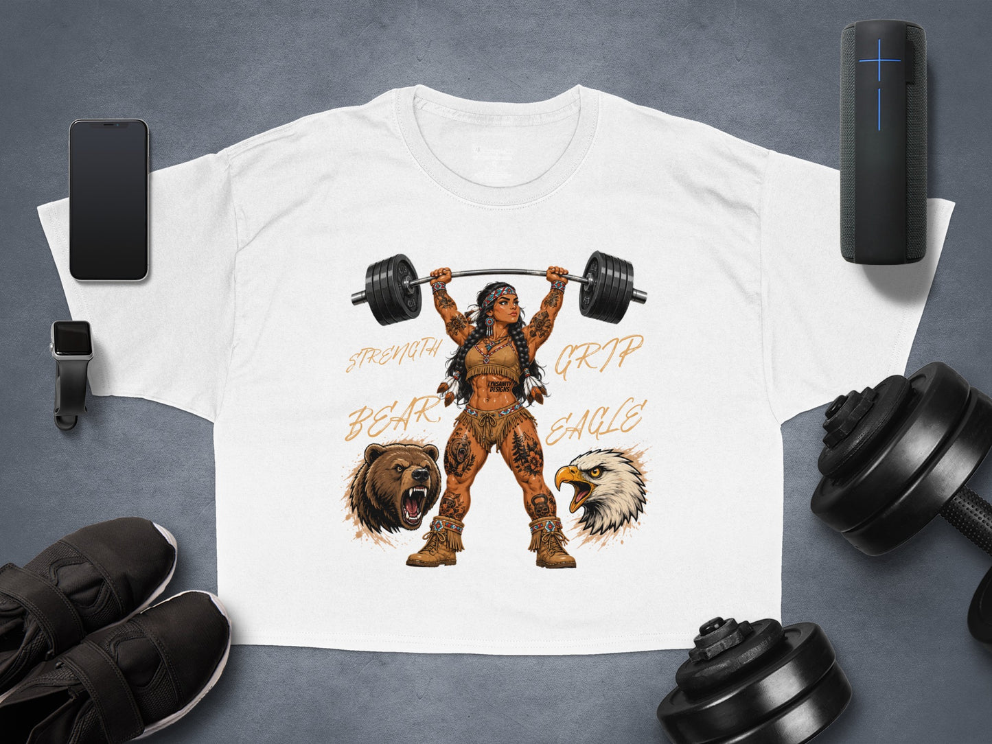 T-shirt with woman lifting barbell, bear, and eagle graphics.