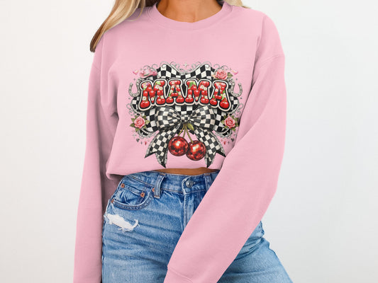 Pink cropped sweatshirt with "Mama" in checkered lettering and cherry accents.