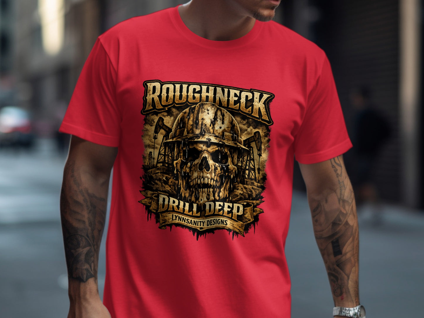 Red t-shirt with "ROUGHNECK DRILL DEEP" text and skull wearing hard hat.