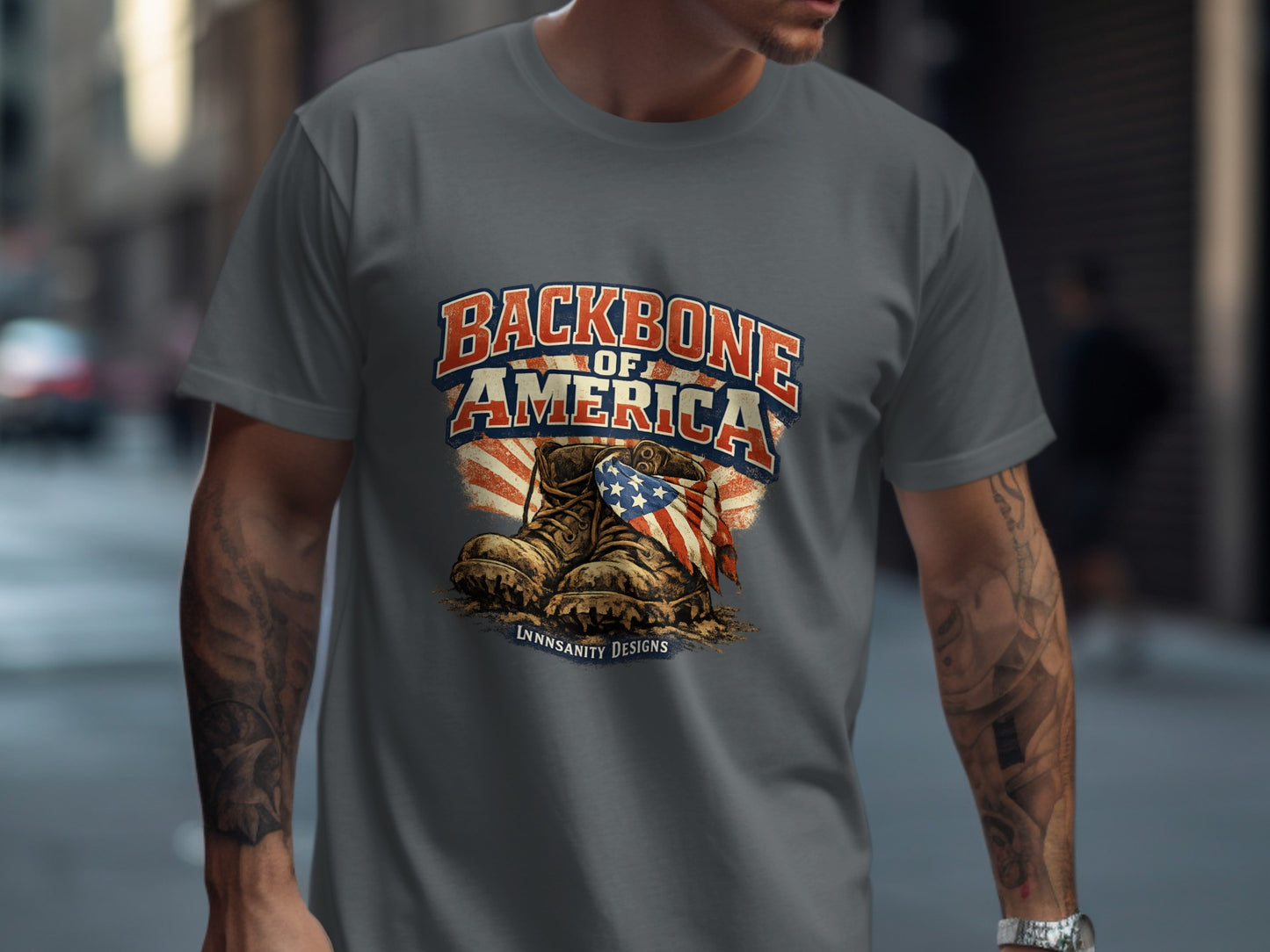 Combat boots with American flag and "Backbone of America" text.