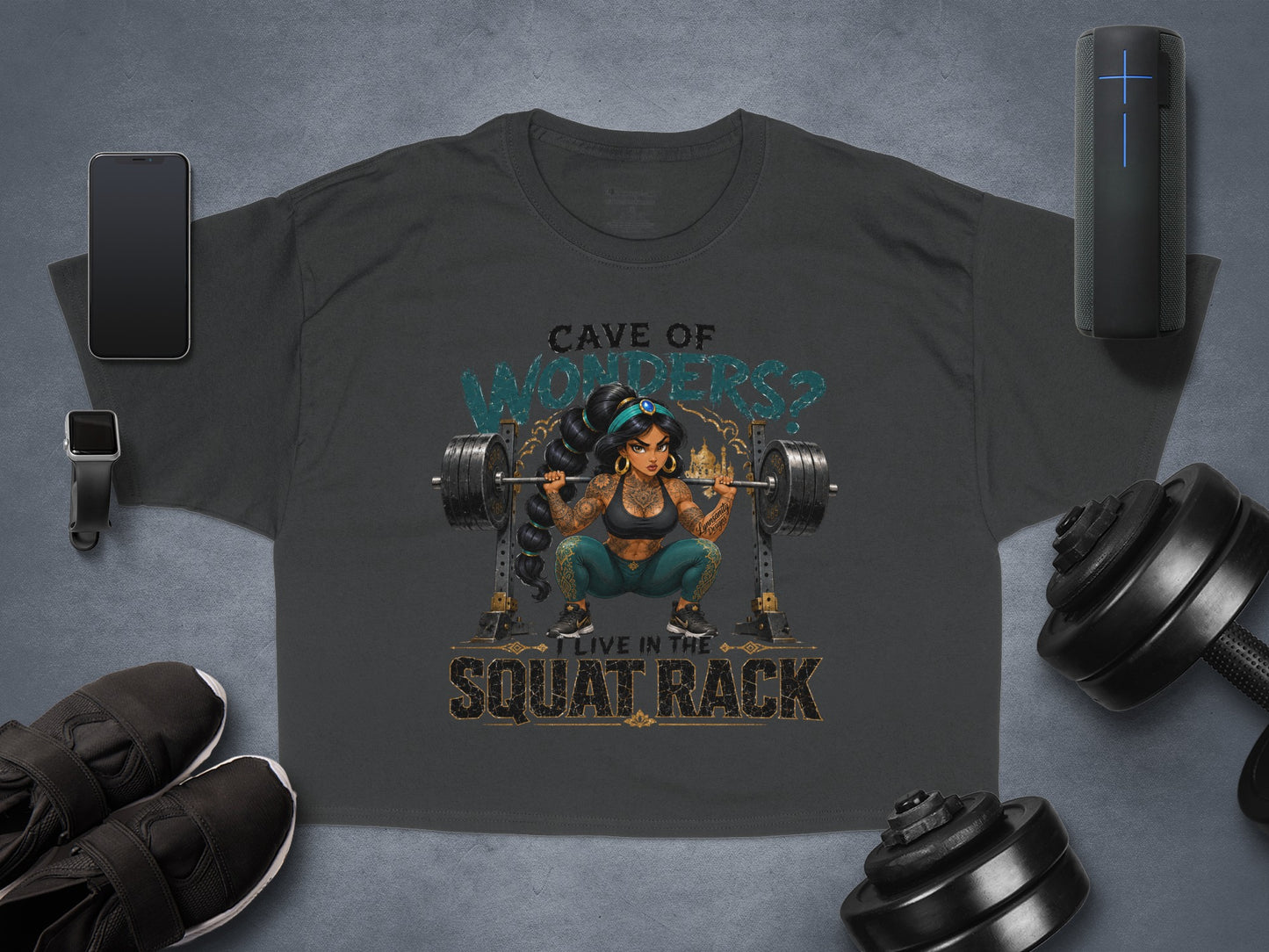 T-shirt featuring Princess Jasmine lifting weights in a squat rack.