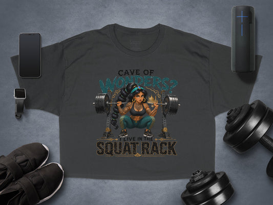 T-shirt featuring Princess Jasmine lifting weights in a squat rack.